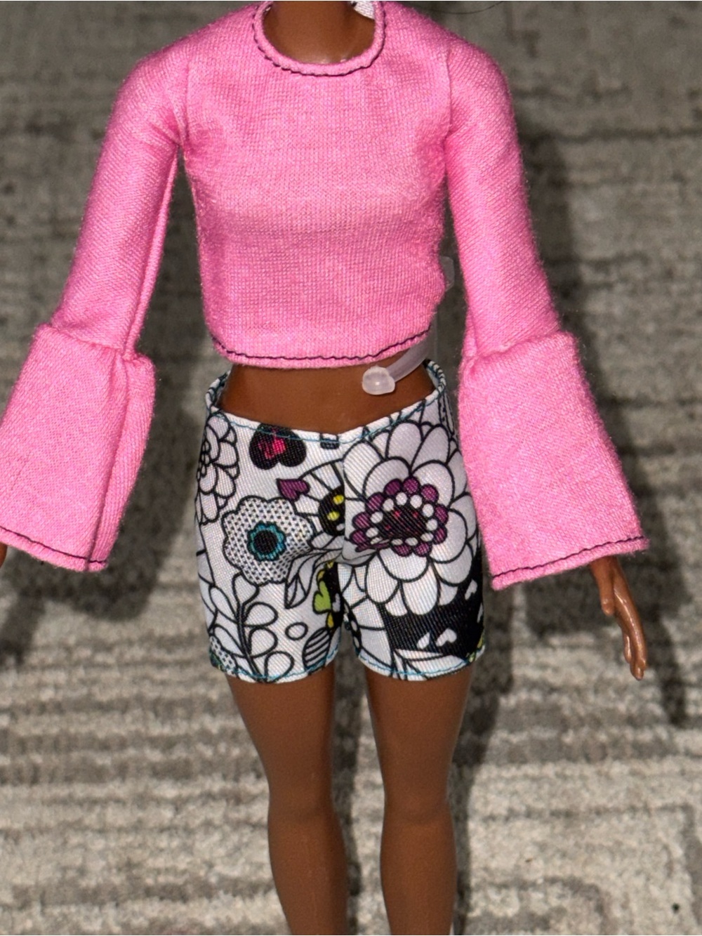 Barbie Mattel 2 pc outfit pink bell sleeve top & black designed shorts